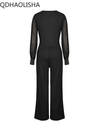 2023 New Black V-neck Mesh Splicing Straight One-piece Pants Jumpsuits  Sexy Streetwear  Jump Suits for Women Elegance Overalls