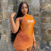 ANJAMANOR 2 Piece Set Fuzzy Skirt and One Shoulder Bodysuit Top Orange Sexy Club Outfits Bodycon Dresses for Women 2023 D85-CG18
