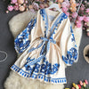 Spring Vintage Printed V-neck Long Sleeved Short Dress Retro Floral Single Breasted Waist Ribbon A-line Midi Dress