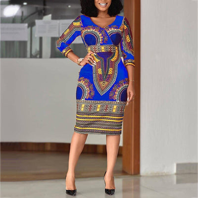 African Ladies Dresses Elegant Wrist High Waist V Neck Vintage For Work Office Business Fashion Slim Vestidos Dress Midi 2022