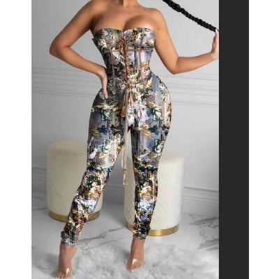 Print Off Shoulder Fashion Women Jumpsuits Sexy Lace Up Workout Active Wear Fashion Overalls One Piece Bodycon Rompers Clubwear