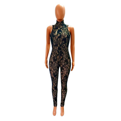 Slim Sleeveless High Neck Skinny Carved Lace Jumpsuit Playsuit for Women 2023 Fashion Sexy Skinny Woman Ladies Jump Suit Overall