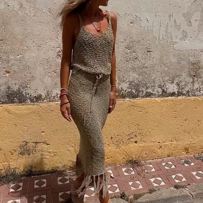 Two Piece Sets Knitted Camisole Blouse Tassel Skirts Women Sexy See Through Summer Mesh Beach Dress Suits Hollow Out Sling Tops