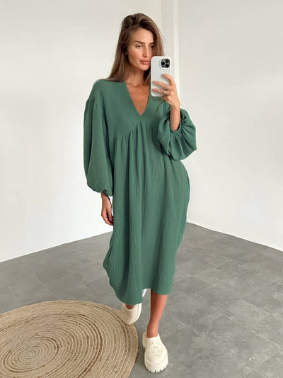 Linad Lantern Sleeve Night Dress Women Loose V Neck Sleepwear 2022 Autumn Cotton Woman Dresses Casual Pajamas Solid Elegant