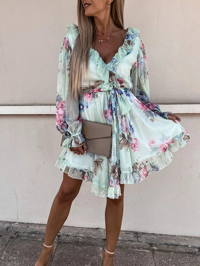 Women Hollow Out Summer Long Sleeve Dress Sexy High Waist Backless V Neck Dress Casual Ruffles Patchwork Party Dress Vestido New