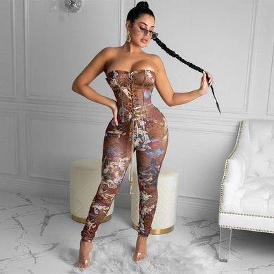 Print Off Shoulder Fashion Women Jumpsuits Sexy Lace Up Workout Active Wear Fashion Overalls One Piece Bodycon Rompers Clubwear