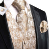 Hi-Tie 100% Silk Ivory Beige Champagne Gold Mens Vests Tie Hankerchief Cufflinks Set Jacquard Vine Waistcoat for Men Suit Dress