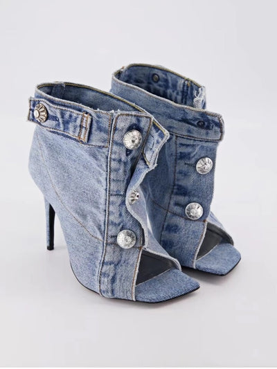2023  Summer Brand New Pocket Design Fashion Denim High Heel Sandals Popular Charming Woman Shoes Comfort Slippers Big Size 43