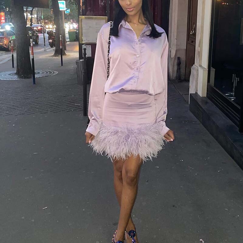 2022 Spring And Summer Women Long Sleeve Plain Satin Feather Decorative Lining Dress