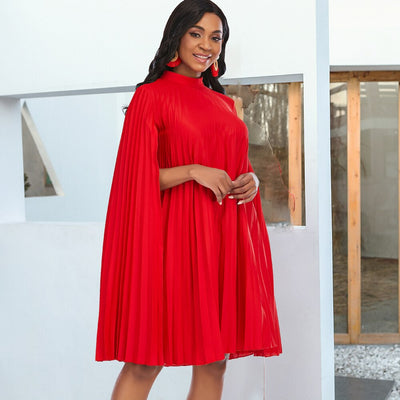 African Women Oversized Party Dress Pleat Loose Short Dresses Cloak Sleeve Mock Collar Large Female Birthday Robes for Summer