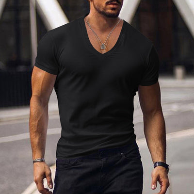 Casual Short Sleeve V Neck Slim Tee Mens Summer Leisure Pure Color Simple Basic T Shirt Men Clothes Fashion Skinny Tops Pullover