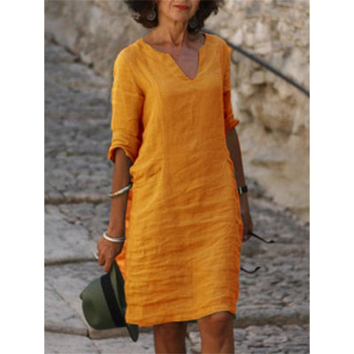 Cotton Linen Dress Vintage Casual V Neck Loose Waist Midi Beach Dress Women Clothing stitching retro solid color dress for women
