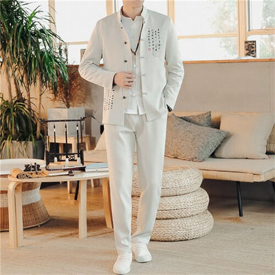 New Men's Business Casual Suit 2 Piece Chinese Vintage Style Men Wedding Embroidery Dress Clothing Blazers and Drawstring Pants