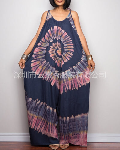 Summer New Women's Dress 2022 Vintage Street Fashion Casual Tie Dye Print Wide Leg Lace Loose Bodysuit Women