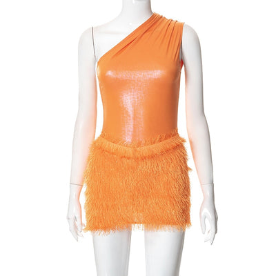 ANJAMANOR 2 Piece Set Fuzzy Skirt and One Shoulder Bodysuit Top Orange Sexy Club Outfits Bodycon Dresses for Women 2023 D85-CG18
