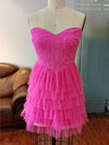 Strapless Tutu Tulle Cocktail Mini Dress Rose Red Tiered Short Dress With Rhinestone Glitter For Homecoming Prom Birthday Party