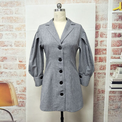 Elegant Ruched Blazer Dress Office Lady Lantern Sleeve Solid Colors Single Breasted Women Blazers and Jackets Formal Clothing