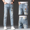 Summer High End Trendy Brand Printed Jeans Men Thin Slim Fit Skinny Trousers With Red Ears And Stretch Hand Embroidered Diamonds