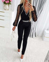 2023 new chain decoration contrast mesh one-piece dress with lace chain decoration long-sleeved work clothes