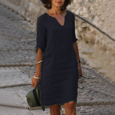 Cotton Linen Dress Vintage Casual V Neck Loose Waist Midi Beach Dress Women Clothing stitching retro solid color dress for women