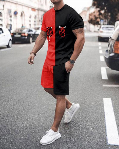 Summer Black and Red 2pk Sportswear Spades Oversize Dress Retro Beach Style 3d Printed T-shirt Men's Set T-shirt Shorts