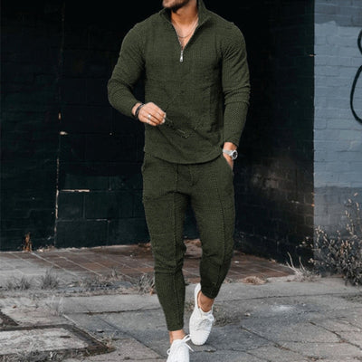 Men's Textured Suit Long Sleeve Polo and Track Pants Fashion Casual Zip Stand Collar Suit