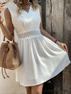 Women White Mini Dress Elegant Lace Dress Female V Neck Sleeveless Short Dress Ladies Hollow Out High Waist Dress Summer