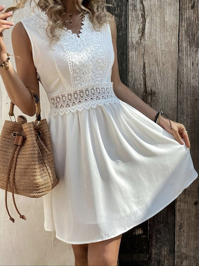 Women White Mini Dress Elegant Lace Dress Female V Neck Sleeveless Short Dress Ladies Hollow Out High Waist Dress Summer