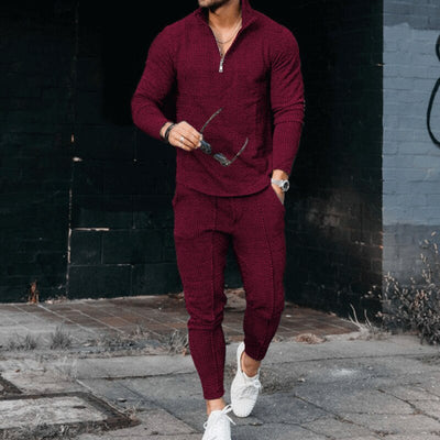 Men's Textured Suit Long Sleeve Polo and Track Pants Fashion Casual Zip Stand Collar Suit