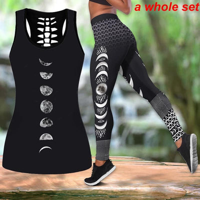 Moon Phase Yoga Wear Active Wear Printed 3D Tank Top & Leggings Shirt Sleeveless Hollow Out Tank Top and High Waist Leggings