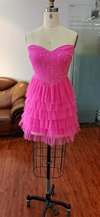 Strapless Tutu Tulle Cocktail Mini Dress Rose Red Tiered Short Dress With Rhinestone Glitter For Homecoming Prom Birthday Party