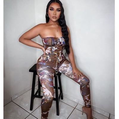 Print Off Shoulder Fashion Women Jumpsuits Sexy Lace Up Workout Active Wear Fashion Overalls One Piece Bodycon Rompers Clubwear