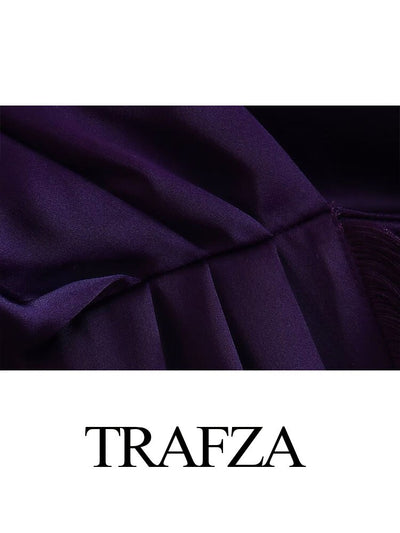 TRAFZA 2023 Women New Fashion At Home Clothing Purple V-Neck Tassel Ornament Long Sleeve Zipper Female Chic Coat Dresses