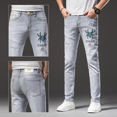 Summer High End Trendy Brand Printed Jeans Men Thin Slim Fit Skinny Trousers With Red Ears And Stretch Hand Embroidered Diamonds