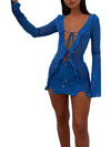 Sexy Mesh Cutout Ruffle Mini Dress with Low-Cut Neckline and Slim Fit for Women s Summer Beachwear