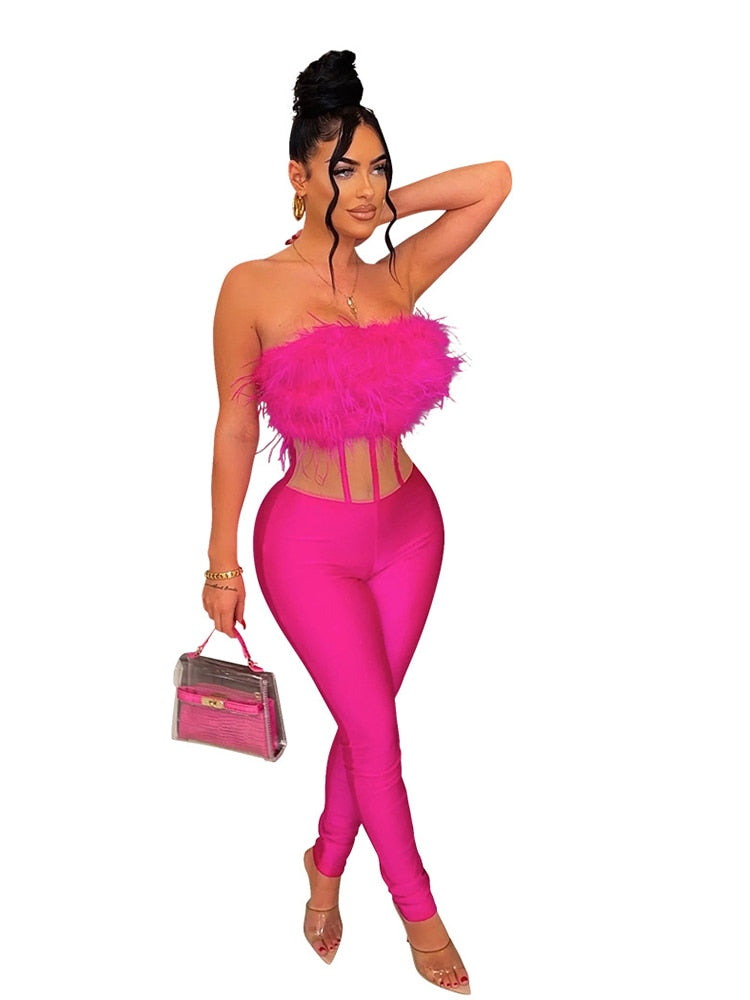 Summer Strapless Fur One Piece Club Outfit Casual Mesh Patchwork Sexy Birthday Nightclub Black Rompers Jump Suits for Women 2023