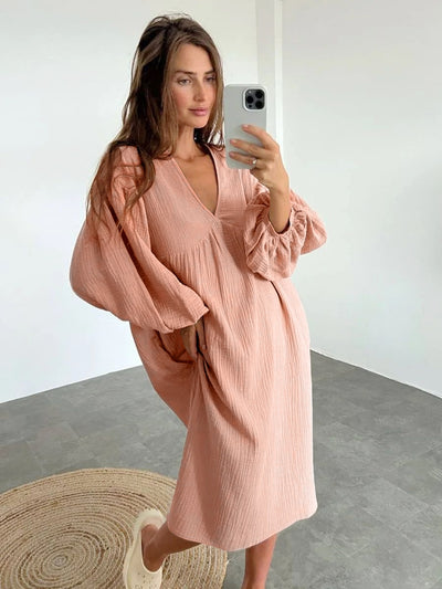 Linad Lantern Sleeve Night Dress Women Loose V Neck Sleepwear 2022 Autumn Cotton Woman Dresses Casual Pajamas Solid Elegant