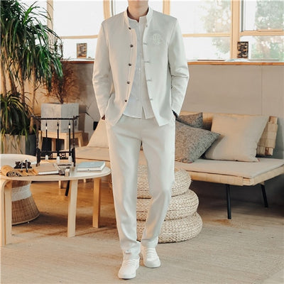 New Men's Business Casual Suit 2 Piece Chinese Vintage Style Men Wedding Embroidery Dress Clothing Blazers and Drawstring Pants