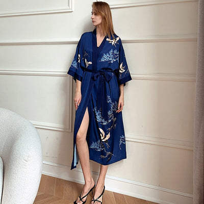 Female Long Robe Nightgown Print Crane Kimono Bathrobe Gown Sleepwear Spring Summer Casual Silk Satin Home Dress Lounge Wear