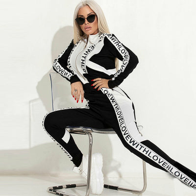 Oshoplive Black&White Patchwork Letter Print Jumpsuits Women One Piece Outfit Casual Fashion Jump Suits For Women Sportswear