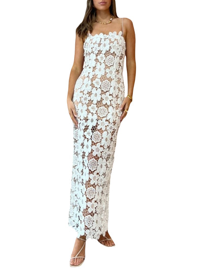 MAHUAOYIXI Summer Dress Women White Lace Elegant Dress Transparent Lace Floral Women Short Dress Sexy Sleeveless V Neck Beach