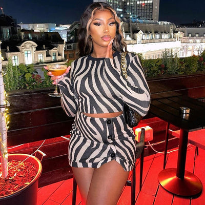 ANJAMANOR Zebra Stripe Print Long Sleeve Dress Sets 2023 Fashion Sexy Clubwear 2 Piece Womens Outfits Crop Top and Skirt D17CD23