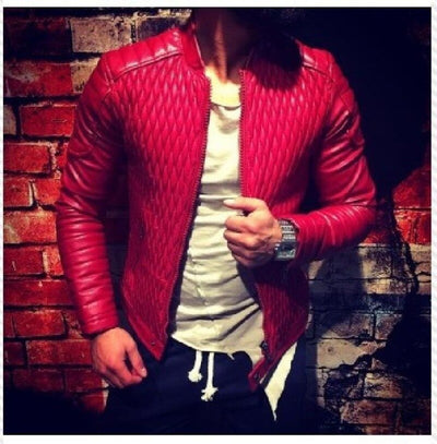 Winter Men's Leather Jacket Motorcycle Leather PU Jacket Korean Fashion Street Dress Men's Red Standing Collar Casual Coat