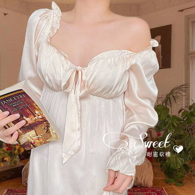 Women's Elegant Nightgown French Style Ladies Summer Long Sleeve Night Dress Bow Sexy Homewear Nightdress For Female S-2XL