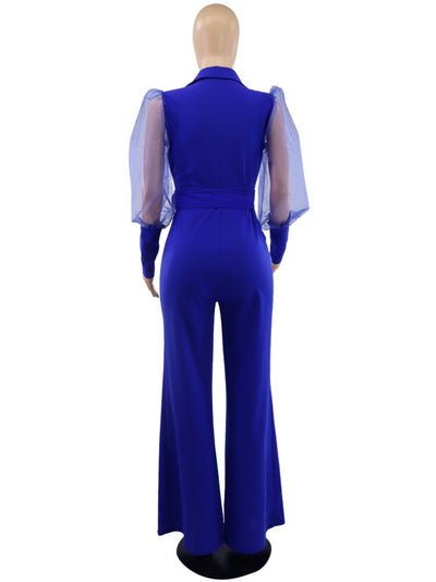 Jumpsuits for Women Dressy Wrapped V Neck Tulle Lantern Sleeve Belted Wide Leg Jump Suit Chic Party Club 1 Piece Outfits Romper