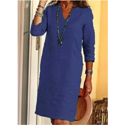 Cotton Linen Dress Vintage Casual V Neck Loose Waist Midi Beach Dress Women Clothing stitching retro solid color dress for women