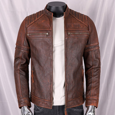 's European Fashion Distressed Cowhide Coats Winter High Street Jackets Plus Size Motorcycle Coat Slim Fit Man Clothing
