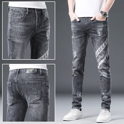 Summer High End Trendy Brand Printed Jeans Men Thin Slim Fit Skinny Trousers With Red Ears And Stretch Hand Embroidered Diamonds