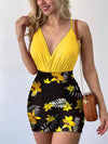 2022 Summer Elegant Floral Slim Mini Sets Women Fashion Sexy Deep V-neck Spaghetti Strap bodysuit + Skirt Woman Party Set Dress
