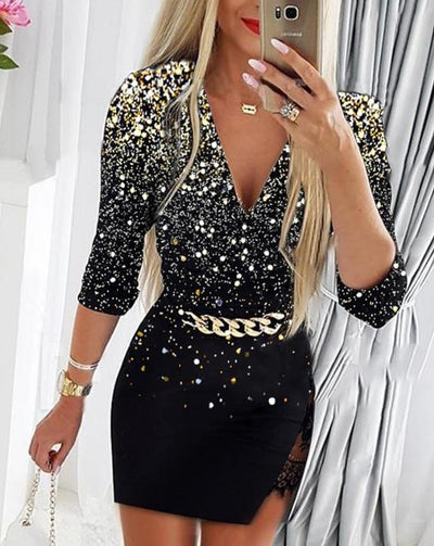 2023 new chain decoration contrast mesh one-piece dress with lace chain decoration long-sleeved work clothes